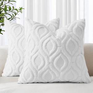 decorUhome Throw Pillow Covers 18x18 Inch Set of 2, Soft Plush Faux Wool White Solid Couch Pillow Covers, Accent Farmhouse Neutral Square Pillow Cases for Sofa Bed Living Room Home Decor