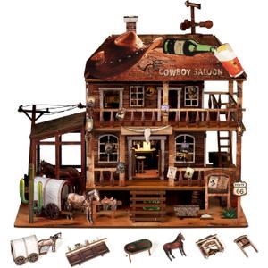 Cowboy Saloon Miniature Kit - DIY Miniature House Kit for Adults, Teens, Dollhouse Booknook Bookshelf Insert Decor with LED Light, 3D Wooden Puzzle Gifts for Family, Friends