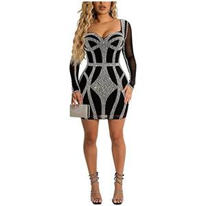 KRICESSEEN Sexy Rhinestone Crystal Mesh Patchwork Sheer Bodycon Dress Womens See-Through Birthday Clubwear Dresses, XXL