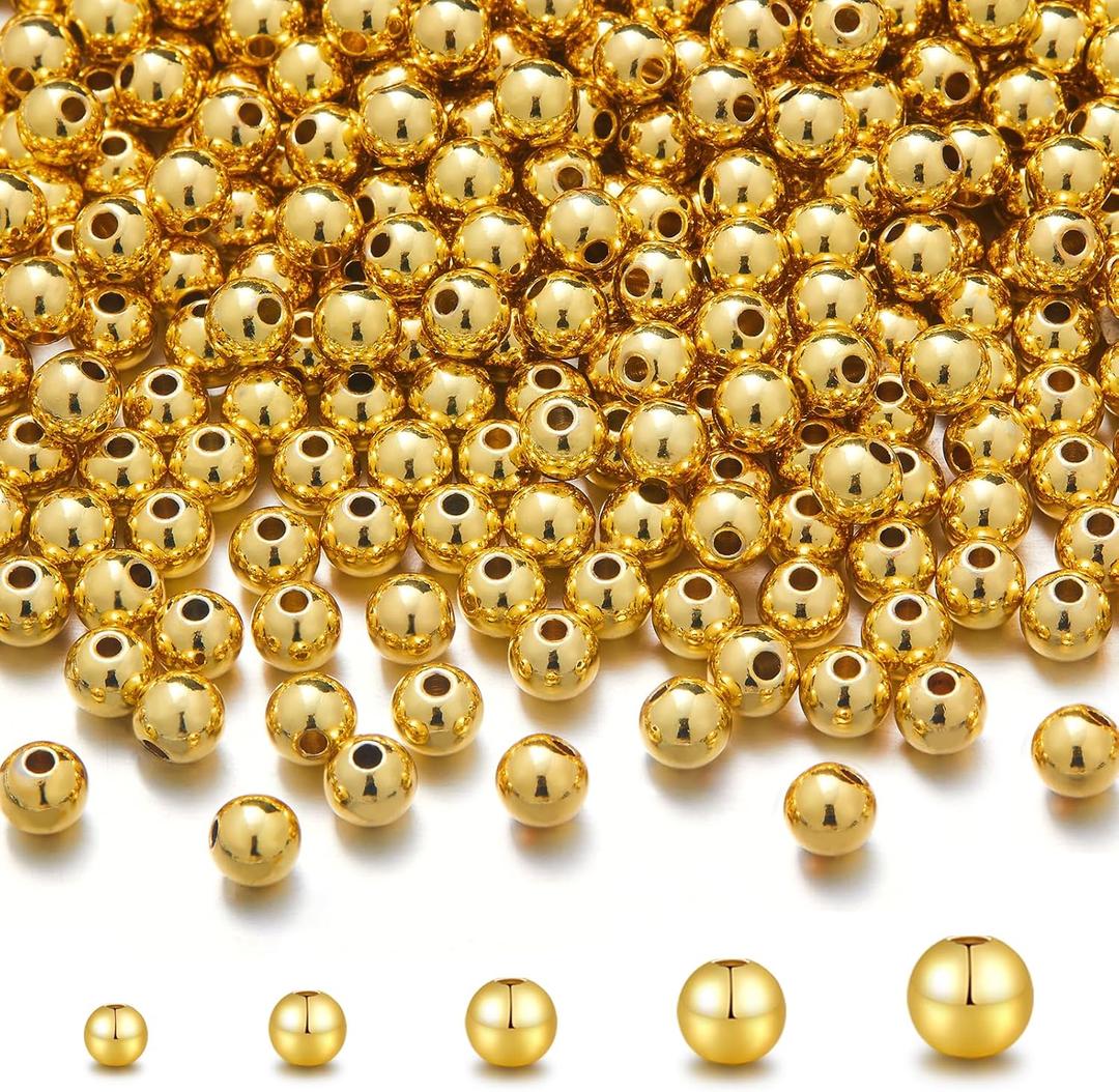 300pcs 18K Gold Filled Beads for Bracelets 3mm Round Smooth Spacer Mini Seamless Brass Beads for DIY Crafts Jewelry Making