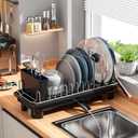 SanDream Small Dish Drying Rack with Removable Utensil Holder & Anti-Scratch Base - Stainless Steel Dish Rack, Dish Drying Rack with Drainage & Space Saving Design for Kitchen Counter, Black