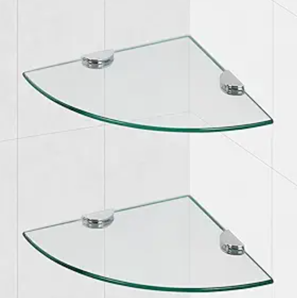 Glass Corner Shower Shelves, Tempered Floating Glass Shelves Wall Mount, Shower Caddy Organizer, Bathroom Corner Shelf with Zinc Alloy Brackets for Bathroom, Kitchen, Living Room, 9.8" x 9.8", 2 Pack