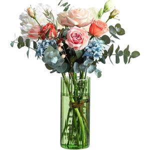 ComSaf Glass Cylinder Vases, Bud Vase for Centerpieces, 8 Inch Tall Ribbed Vase Hurricane Floating Candle Holder, Decorative Flower Vases for Wedding Reception, Home Decor, Housewarming Gift (Green)