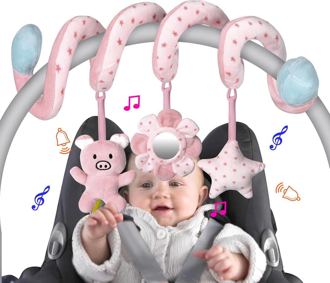 SAMMAS Car Seat Toys, Infant Baby Pink Pig Spiral Activity Hanging Toys Stroller Toys for Car Seat Stroller Bar Crib Bassinet Mobile with Mirror BB Squeaker and Rattles