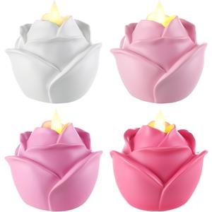 Bucherry 4 Pcs Rose Flameless Candle Light 3.5" LED Resin Pink Rose Flower Tealight Candle Battery Operated Rosebud Flickering Tea Light for Wedding Party Teacher Gifts Home Table Decor