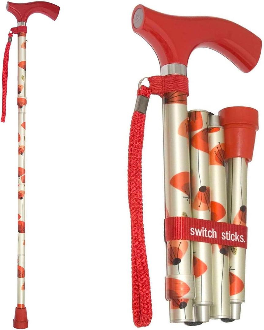 Switch Sticks Walking Cane for Men or Women, Foldable and Adjustable from 32-37 Inches, FSA and HSA Eligible (Poppies)