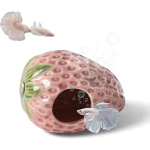 Aquarium Decor Cave Betta Fish Aquarium Accessories Ornaments Hiding Cave Strawberry House Hideout for Shrimp Cichlid Hermit Crab, Octopus Hiding Breeding for Tank (Pink)