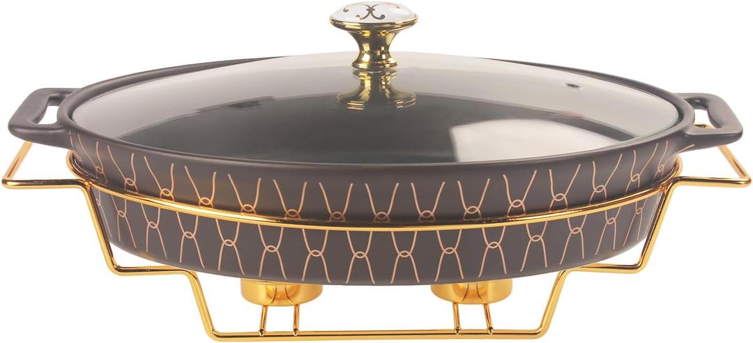 11" x 7.5" Ceramic Oval Casserole Dish with Glass Lid and rack, 40 OZ Serving Soup Tureen,Chafing Dish for Buffet, Family Food preserve Tray, Catering Casserole for Party Style, Black (13.2 Inch(1.3 qt))