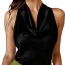 LAOTEPO Cowl Neck Halter Tops for Women Silk Satin Going Out Tank Top Trendy Summer Camisole Business Casual Blouses Outfits (Black, M)