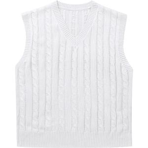 Locachy Women's Vintage Loose V Neck Sleeveless Cable Knit Preppy Style Pullover Sweater Vest White, Size Small
