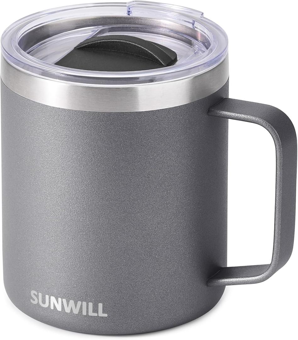 SUNWILL Travel Coffee Mug with Lid, Insulated Tumbler with Handle, 14 oz Stainless Steel Cup for Ice, Water, Tea, Powder Coated Cool Grey