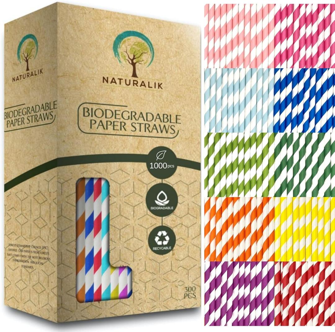 Naturalik 1000 Pack Multicolor Extra Durable Paper Straws Biodegradable - Premium Eco-Friendly Paper Straws Bulk- Drinking Straws for Juices, Restaurants and Party supplies, 7.7" (Multi-Color, 1000ct)