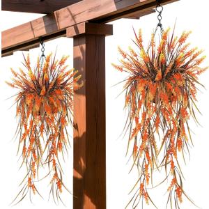 Artificial Hanging Flowers for Outdoors, Realistic UV Resistant Fake 3Pcs Fall Outdoor Flowers with 2Pcs Faux Lavender Hanging Plants for Porch Patio Planter Garden Outside Yard (Orange)