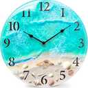 Coastal Nautical Glass Wall Clock with Seashell Design and Aesthetic Beach Theme - Battery Operated Silent Wall Decor for Home, Kitchen, Living Room, Office, Bedroom, or Bathroom (12 Inch,Teal)