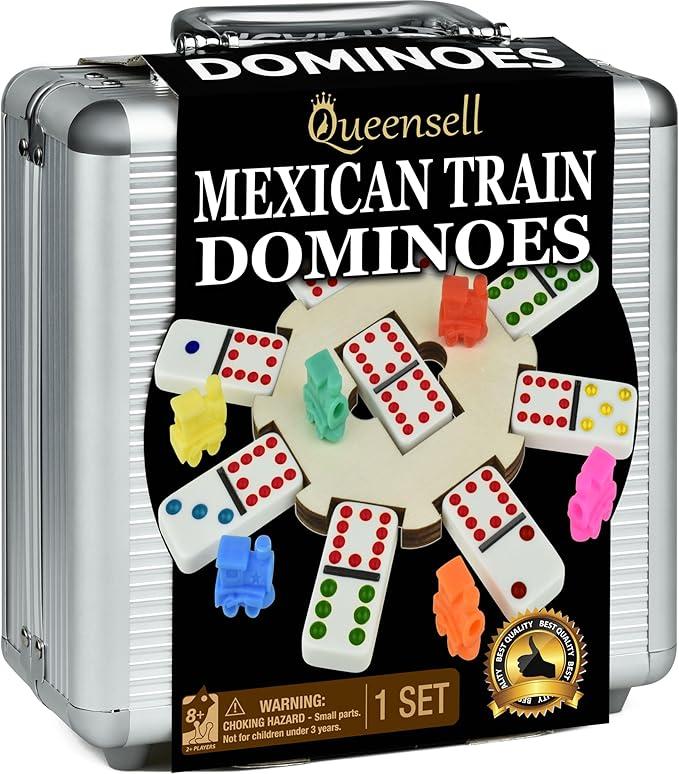 Queensell Mexican Train Dominoes Set with Wooden Hub, Domino Tile Board Games  Double 12 Dominos Set for Family Game Night for Adults and Kids Ages 8 and up (Double 12)