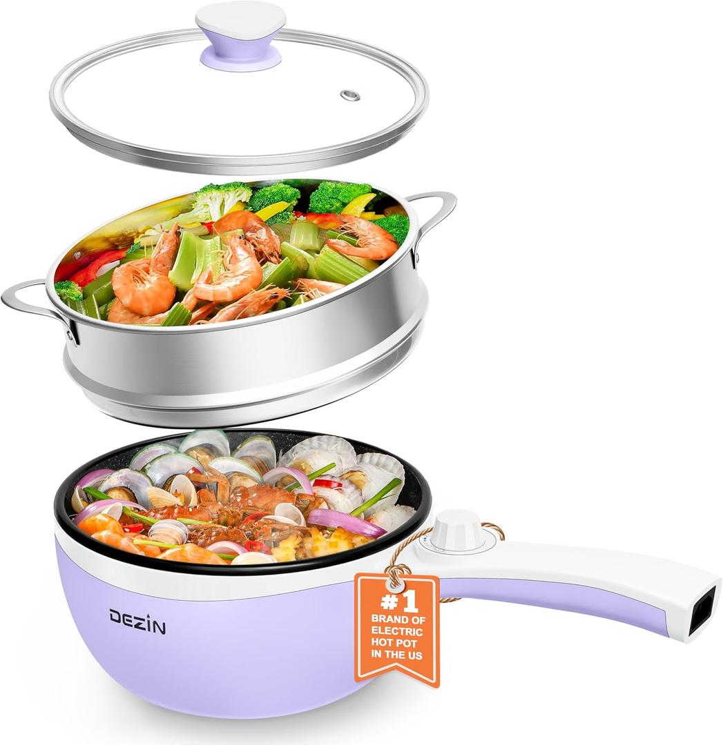 Dezin Hot Pot Electric with Steamer Upgraded, Non-Stick Saut Pan, Rapid Noodles Electric Pot, 1.5L Mini Pot for Steak, Egg, Fried Rice, Ramen, Oatmeal, Soup with Power Adjustment (Purple 2)