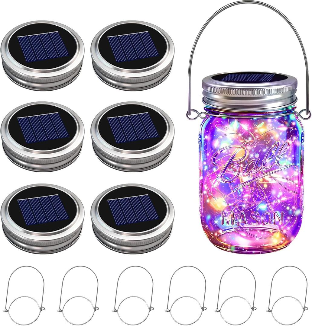 VOOKRY 6 Pack Solar Mason Jar Lights, 30 LED Mason Jar Lids Waterproof Firefly Fairy String Lights with 6 Hangers(No Jars), for Outdoor Patio Garden Yard Lawn Party Wedding Decoration - Multicolor