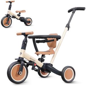 newyoo TR008 5 in 1 Toddler Tricycle with Push Handle for 1-3 Year Old Boys and Girls, Kids Push Trike with Safe Bar, Toddler Bike, Convert to Balance Bike, Birthday Gifts and Toys for Baby, Cream