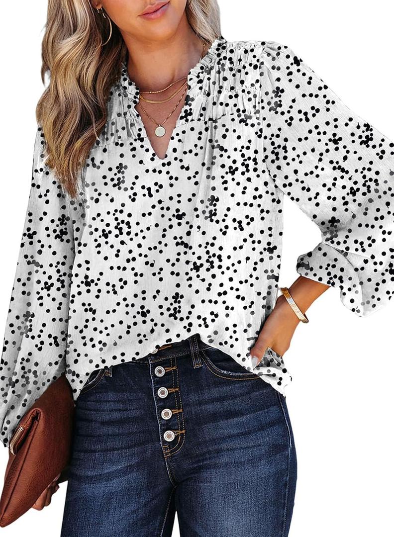 Dokotoo Women's Casual V Neck Alicia Floral Print Smocked Long Sleeve Chiffon Tops Bohemian Top Clothes (White, XXL)