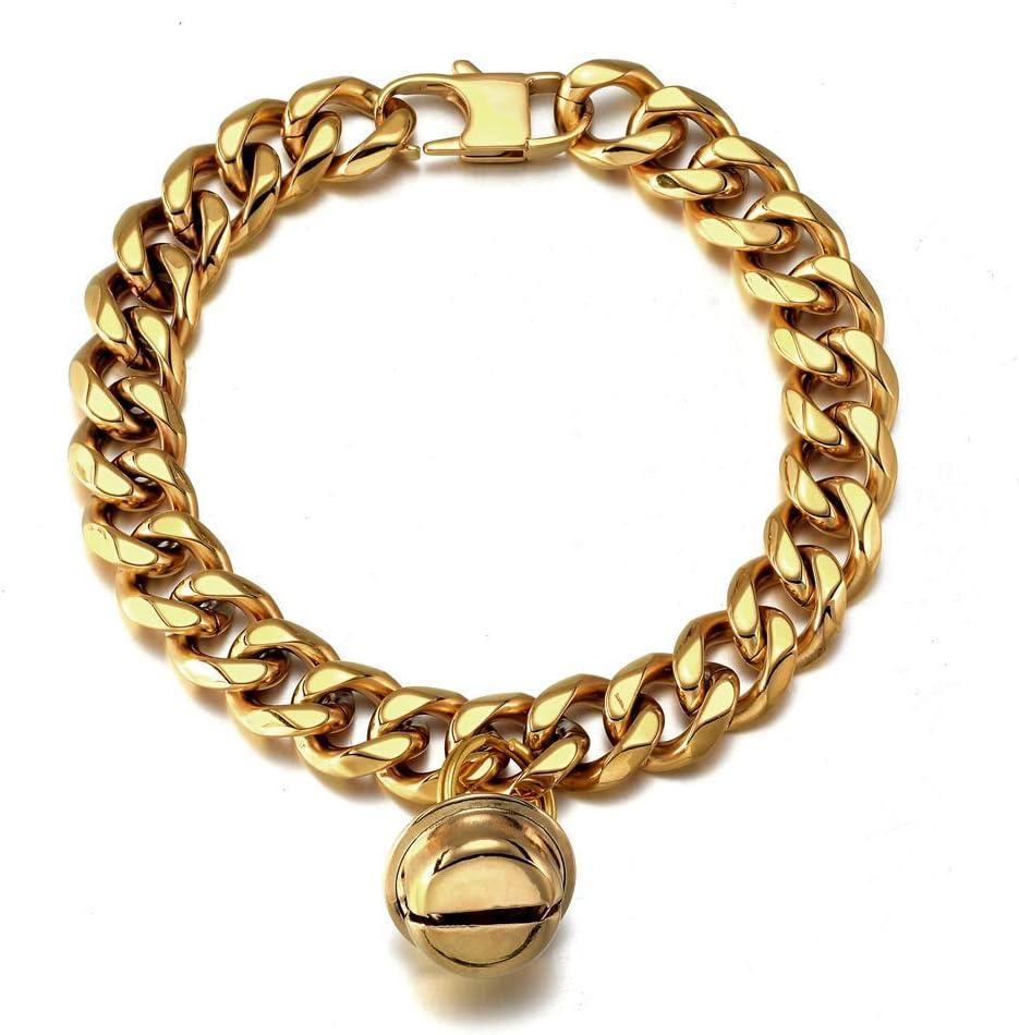 18K Gold Cat Dog Collar Puppy 1/2inch Wide Stainless Steel Kitten Choker Curb Chew Proof Cuban Link Chain with Bell (Neck Fit 6"-8")