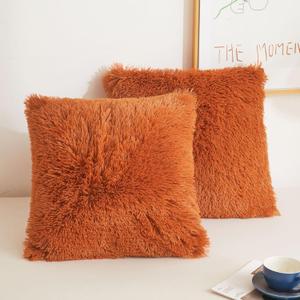 XeGe Faux Fur Throw Pillow Covers, Luxury Fluffy Plush Pillow Cases, Shaggy Decorative Pillow Shams Cushion Cover for Sofa Bed Couch Zipper Closure, Pack of 2 (18''x18'', Burnt Orange)