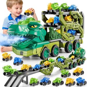10 in 1 Dinosaur Truck Toys for Kids Aged 3-5 4-8 with Foldable Race Track, Carrier Truck with 9 Dinosaur Toy Car for Boys, Spraying, Light and Sound, Birthday Gifts for Girls Toddlers 5-7