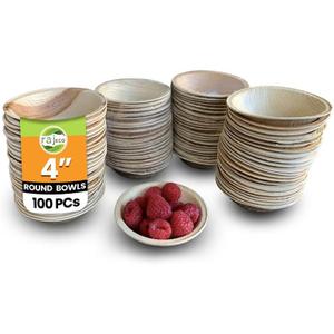 Raj Disposable Palm Leaf Bowls (100 Count, 4" Bowls) Strong Bowl Like Bamboo Party Bowl - Decorative Compostable Tableware for Lunch, Dinner, Birthday, Outdoor, BBQ, Picnic, Parties