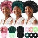 Silicherry 6 Pcs Satin Bonnet Set Include 2 Pcs Silk Bonnets for Sleeping and 3 Pcs Hair Scrunchies Satin Bonnet for Women Double Layer Hair Bonnets Silk Sleeping Cap Elastic Tie Band Cap(Dark)