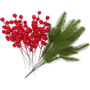 FRCOLOR 20pcs Faux Red Berry Stems and Green Branches Artificial Holly Berry Picks for Christmas Holiday Decor and DIY Craft Arrangements