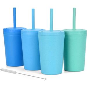 Homestockplus Reusable Wheat Straw Cups with Lid and Straws, 10 Oz Chip Resistant Drinking Cups, Small Water Cups with Silicone Straws - BPA Free Dishwasher Safe for Milk, Drinks, Smoothies (Blue Series)