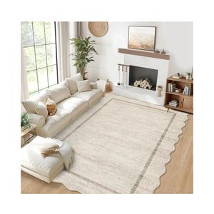 GarveeHome Scalloped Large Living Room Area Rug 8x10 - Machine Washable Modern Rugs Bordered Neutral Rug Non-Shedding Low Pile Farmhouse Carpet for Bedroom Nursery Classroom Dorm 8 ft x10 ft Beige