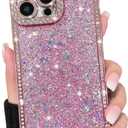 NITITOP Compatible with iPhone 14 Pro Max Case Glitter Sparkly Sequin Design for Girls Women Luxury Bling Crystal Diamond Frame Full Camera Protection Shockproof Protective Phone Cover - Pink