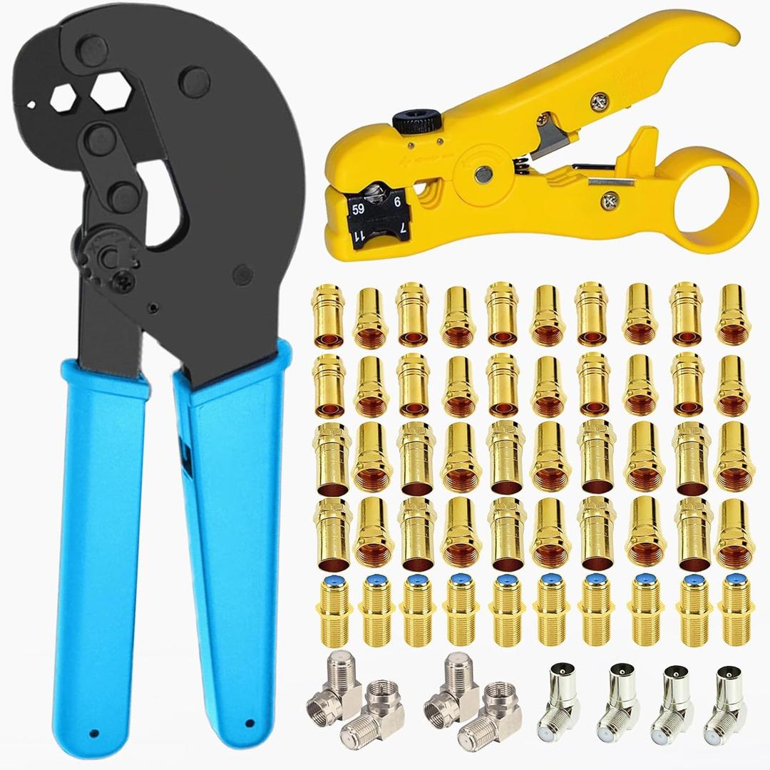 Coaxial Cable Crimping Tool Kit, RG11 Crimping Tool with 20PCS Dual Shielded Coaxial Crimping Connectors, 20PCS Quad Shielded RG6 Crimping Connectors, 10PCS Female to Female Connector