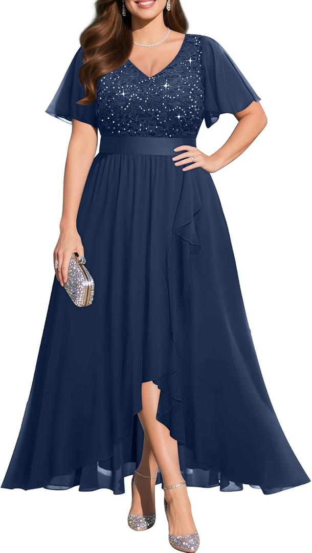 Pinup Fashion Plus Size Formal Dress - Evening Wedding Guest Cocktail Sequin Chiffon Long Dresses with Slit (Navy Blue) 20W