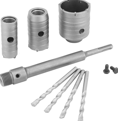 QWORK Concrete Hole Saw Kit, 7 Pcs Cement Stone Drill Bit Sets, Shank with (30mm 40mm 60mm) Cutting Diameter, 8 11/16" Connecting Rod, 3 Center Drill Bits, for Brick Stone Wall Drilling
