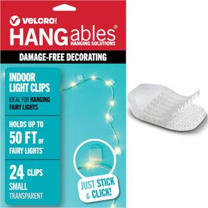 VELCRO Brand Indoor Light Clips for Hanging Fairy Lights and Twinkle Lights, Adhesive Transparent Wall Clips That Blend into Your Decor, Damage Free and Removable, Small 24 Pack