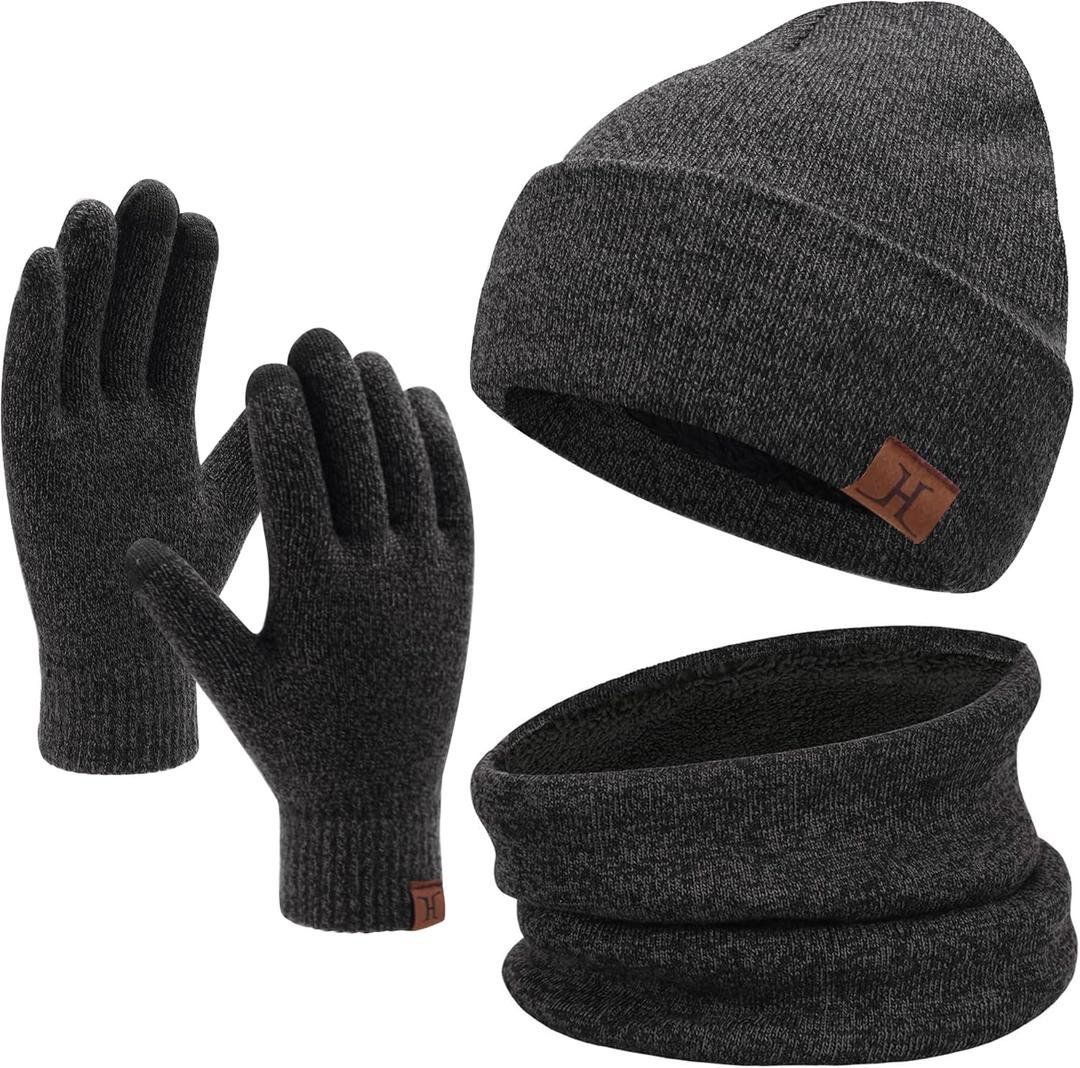 Winter Beanie Hat Scarf Touchscreen Gloves Set for Men and Women, Beanie Gloves Neck Warmer Set with Warm Knit Fleece Lined (Black)