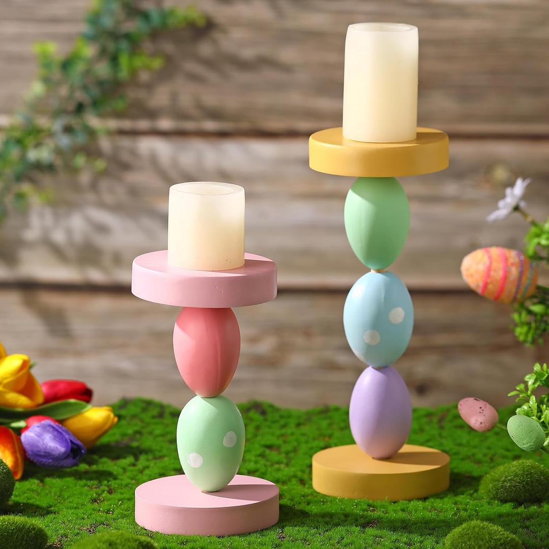 Hushee 2 Pcs Easter Candle Holder Easter Egg Candlestick Holder 9.5 Inch and 7.5 Inch Spring Home Decoration Candlesticks Decorations for Fireplace Party (Cute)