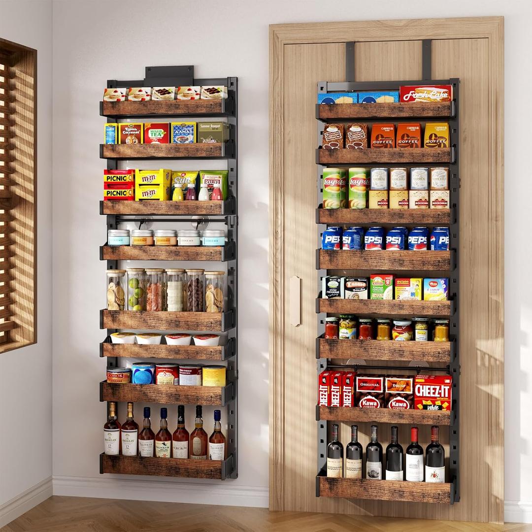 8Tier Over The Door Pantry Organizer, HeavyDuty Metal Wall Mount or Hanging Spice Rack, behind the door storage Shelves with Adjustable Basket, Back of Door Organizer for Kitchen Cabinet and Closet