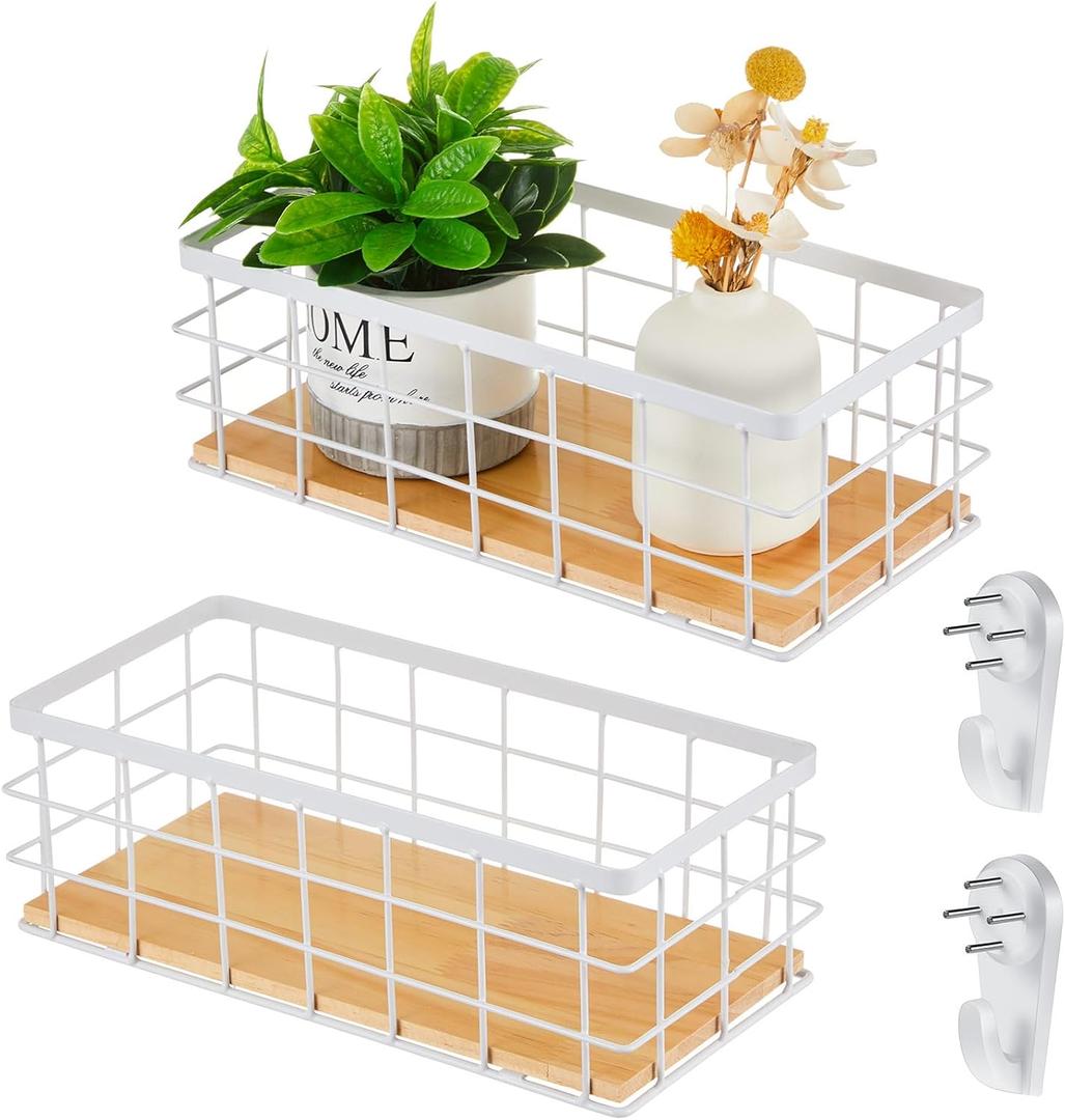 Funrous 2 Pcs Metal Small Wire Basket Wall Hanging Wire Basket Hang Small Bathroom Kitchen Storage Organizer Toilet Paper Mesh Storage Bin Shelf Rack with Base(White,11.42 x 5.12 x 3.94 Inches)
