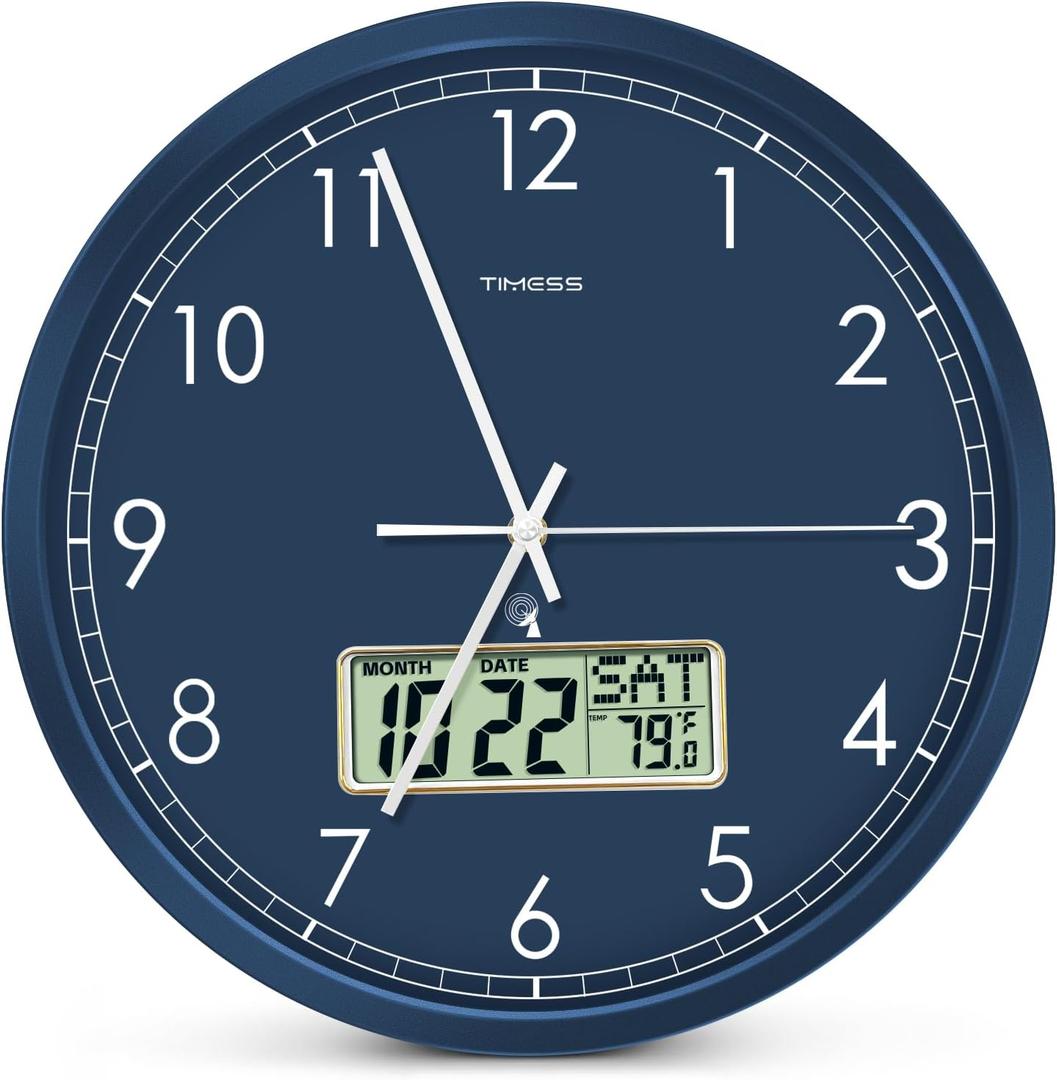 Atomic Analog Wall Clock, WWVB Self-Setting Battery Operated 14" Large Dial Non-Ticking Silent Easy to Read & Use Clock with LCD Display, Ideal Modern Home, Kitchen, Office Dcor (Blue)