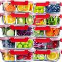 VERONES 10 Pack Glass Meal Prep Containers 2 Compartment Set, 30 OZ Airtight Glass Lunch Containers, Glass Food Storage Containers with Lids, for Microwave, Oven, Freezer & Dishwasher Friendly- Red