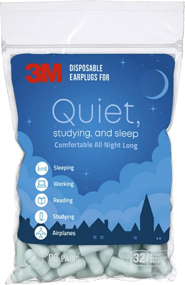 3M Disposable Earplugs For Quiet, Studying & Sleep, 80 Pairs (160 Plugs), Noise Reduction Rating (NRR) 32 dB, Comfortable All Night Long, Light Blue Ear Plugs, Come In Resealable Bag 
