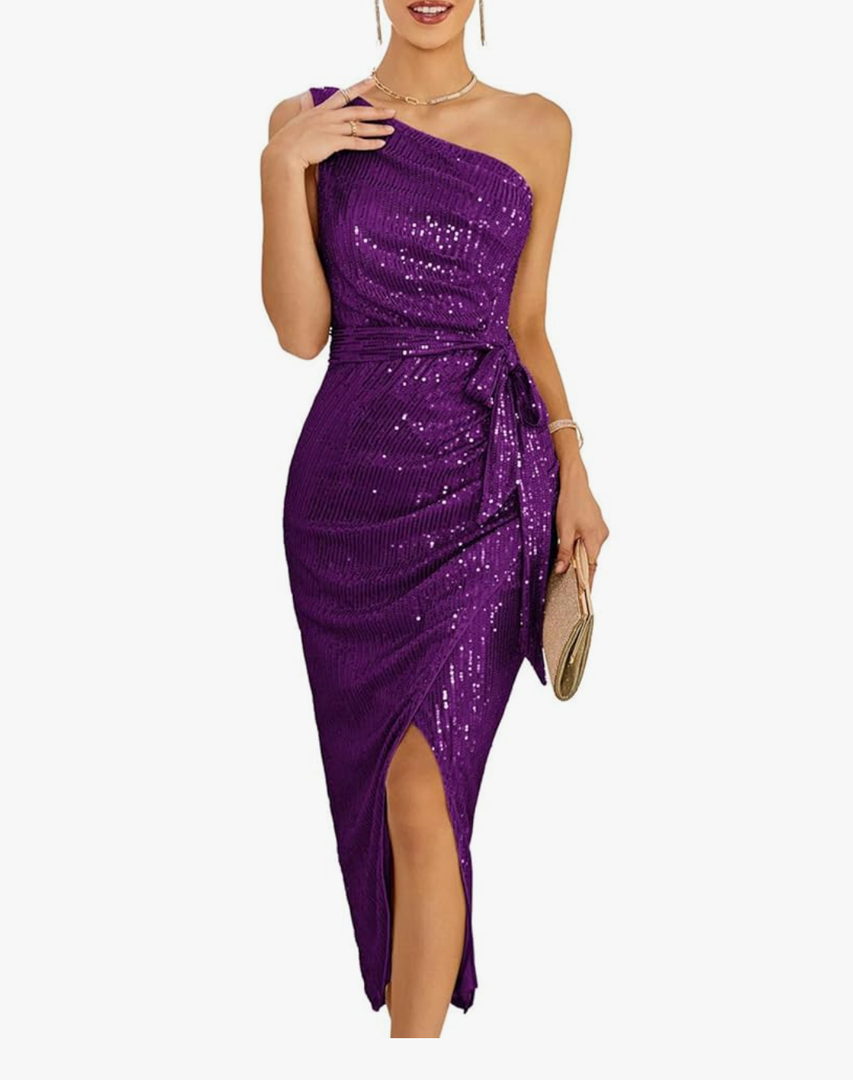 GRACE KARIN Women Sleeveless One Shoulder Sequin Dress Sparkly Glitter Wrap Dress Cocktail Wedding Maxi Dresses with Slit, 2XL