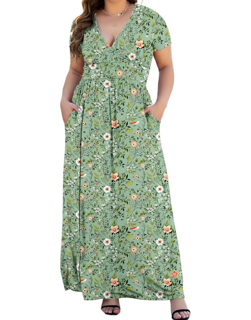 COSSEN Womens Plus Size Maxi Dresses for Curvy Women 2025 Casual Ladies V Neck Flowy Swing Long Dress with Pockets 3XL, Green Flowers 