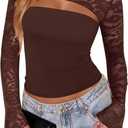 Xuiqx Women's Lace Long Sleeve Going Out Tops Sexy Y2K Crew Neck Cutout Double Lined Slim Night Out Shirts (Brown)