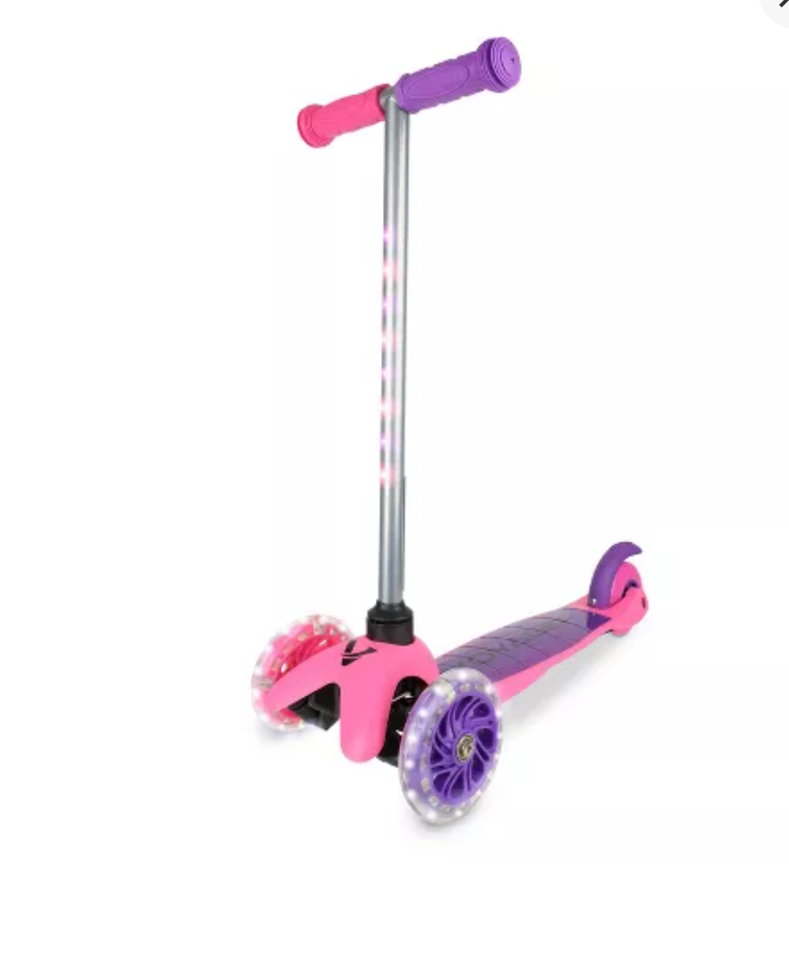 Voyager 3 Wheel Kick Scooter with Light Up Wheels and Tbar - Pink/Purple