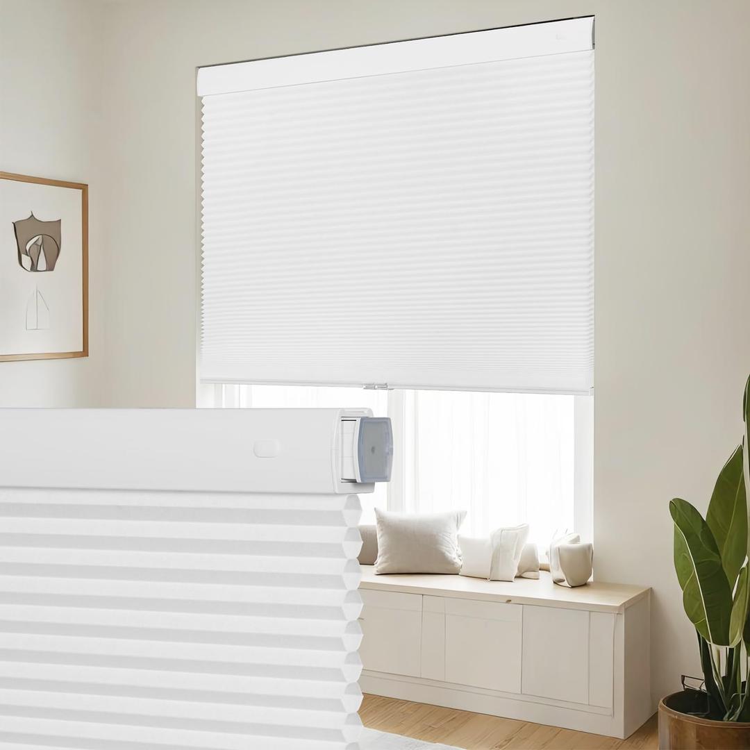 SEEYE No Drill Cordless Cellular Shades, Light Filtering Honeycomb Blinds for Indoor Window, Thermal Insulated Noise Reduction, Easy Install for Bedroom, Living Room, Office, White (30" W x 64" H)