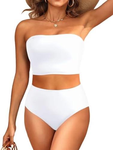 Tempt Me Women Bandeau Bikini Set Strapless High Waisted Two Piece Swimsuit Longline Bathing Suits M