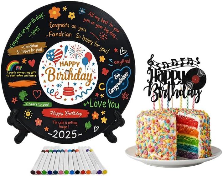 Vinyl Birthday Guest Book Set  Signable Vinyl Record Decor with 12 Colored Markers, Music Cake Topper & Display Stand  Retro Keepsake for Adult Birthday Parties, Celebrations & Events